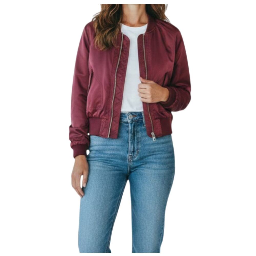 FREE PEOPLE Midnight Bomber Jacket Sz M Burgundy Full Zip City Chic Stylish Boho